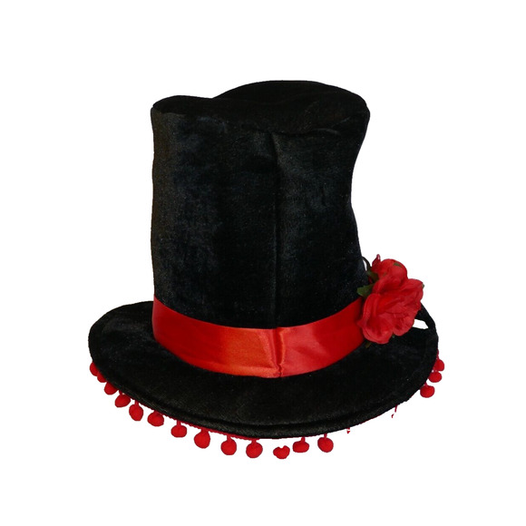 Day of The Dead Black Costume Hat with Red Flowers and Ribbon - Picture 3 of 10